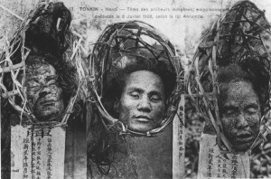 Thủ cấp của Dương Bé, Tư Bình và Đội Nhân bị xử trảm ngày 8/7/1908 trong vụ "Hà Thành đầu độc"